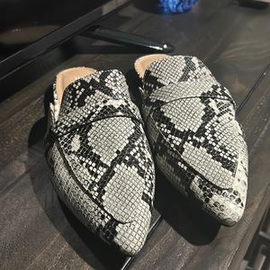 Esprit backless loafers, snake print jade. NWOT.